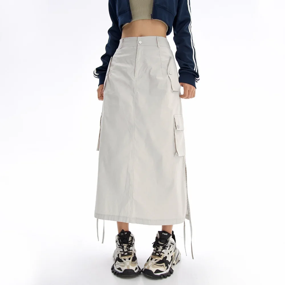 2024 Summer Y2k Cargo Midi Skirts Women Retro Streetwear Pocket High Waist Side Split Shirring Straight Long Skirt