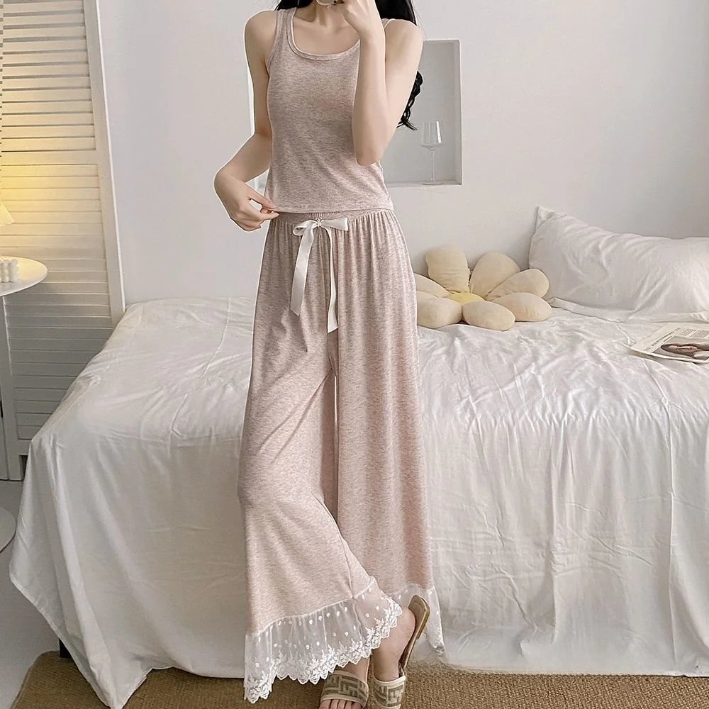 Women's Sleepwear Set with Chest Pad Summer Sleeveless Home Clothes Vest Style Comfortable Breathable Polyester Fabric
