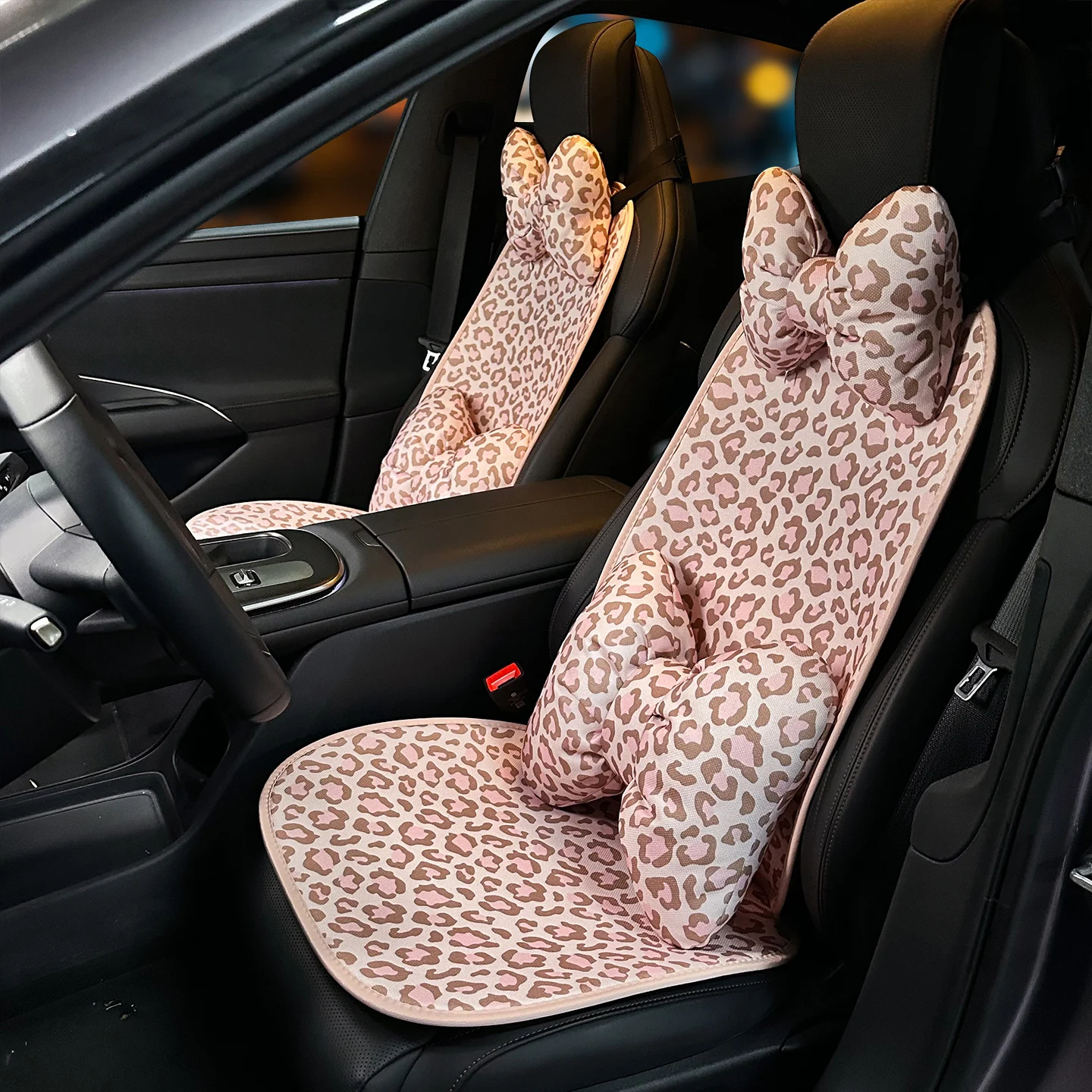 Exquisite and Personalized Leopard Print Single-Seat Car Front Seat Cushion, Breathable and Non-Slip, Suitable for All Seasons; Leopard Print Bowknot Car Headrest and Lumbar Support Two-Piece Set, Adjustable Car Decorative Pillow, Women's Car Interior Decoration Accessories