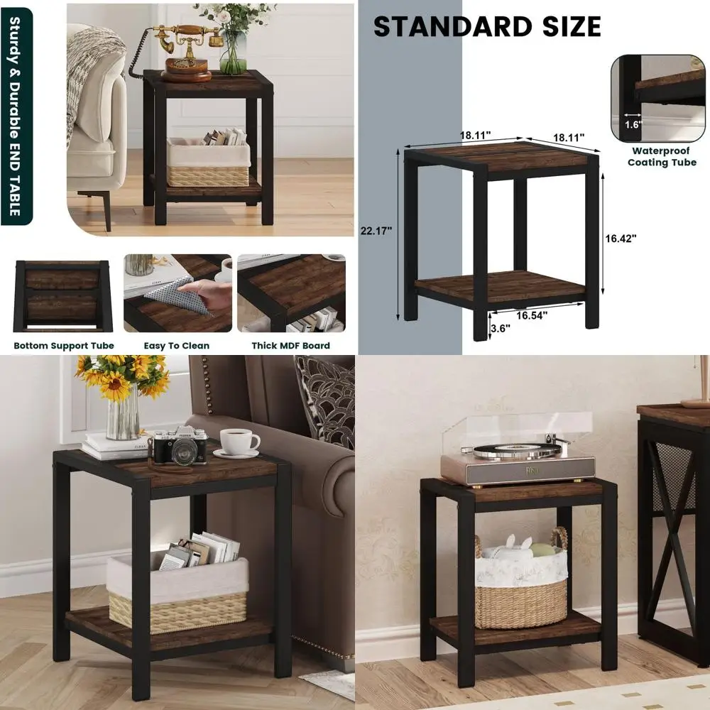 

2-Tier Storage Side Table, Rustic Oak Finish, Suitable for Living Room, Bedroom, and Small Spaces