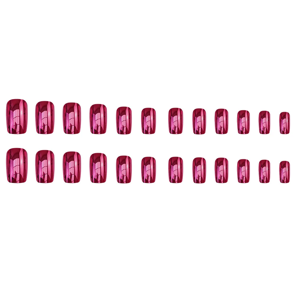 24Pcs Long Square Press on Nails - Instagram Style Minimalist Mirror Fuchsia Solid Color False Nail For Women Girl