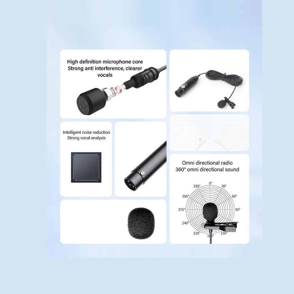 Portable 48V Phantom Power Lavalier Microphone 3 Pin XLR Clip On Omni Directional Microphone Noise Reduction Mono Portable Use