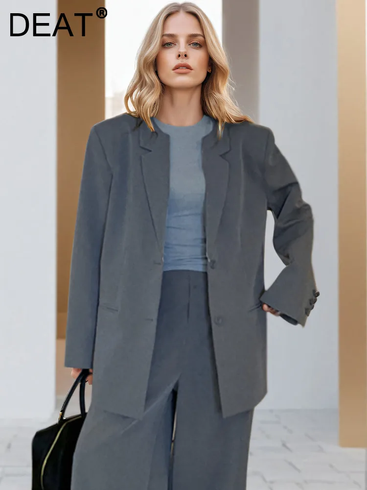 

DEAT Fashion Women's Blazer Chic Round Neck Long Sleeves Single Breasted Loose Gray Suit Jackets Autumn 2024 New Tide 7AB4771