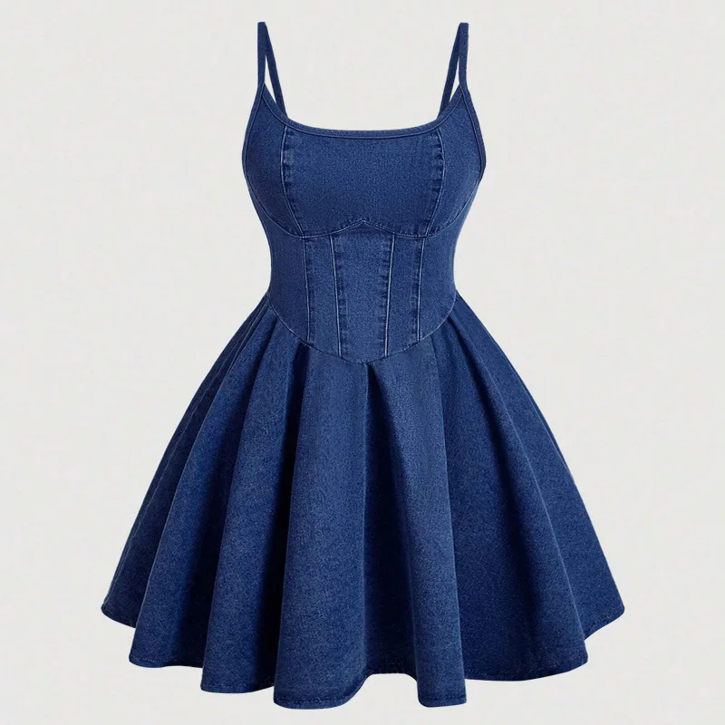 Mujeres Cami vestidos plisados Denim vestido sólido una línea Mini longitud sin tirantes sin mangas cintura Cinch Casual Oficina señora 2026 verano