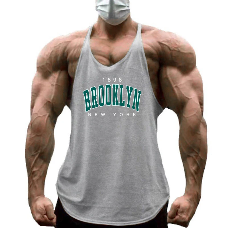 1898 Brooklyn New York Print Gym Fitness Shirt Cotton Breathable Sleeveless Sport Vests Men Bodybuilding Muscle Y-back Tank Tops