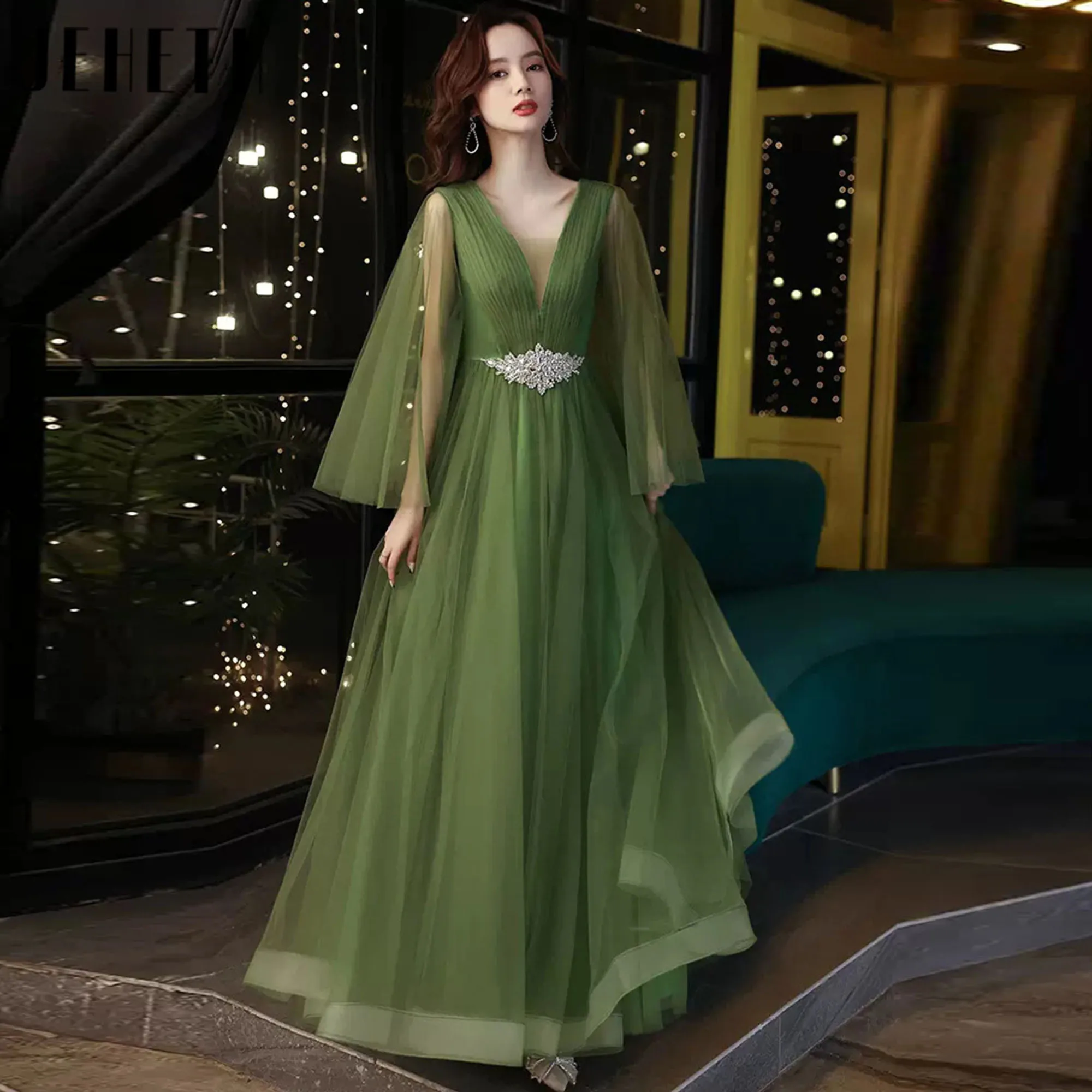 

Mori Style Evening Gown V Neck Long Sleeve Tulle Pleat Party Prom Dress A Line Special Occasion Floor-length Robes De Soirée