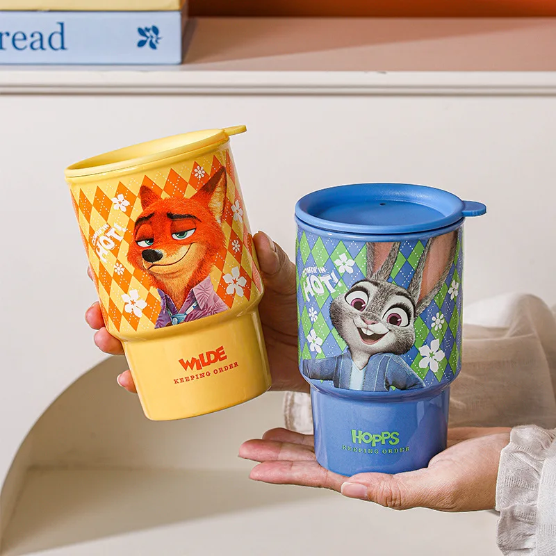 Disney Zootopia Kawaii Ceramic Mug with Lid, Cartoon Judy Nick Handheld Coffee Water Cup 490ml