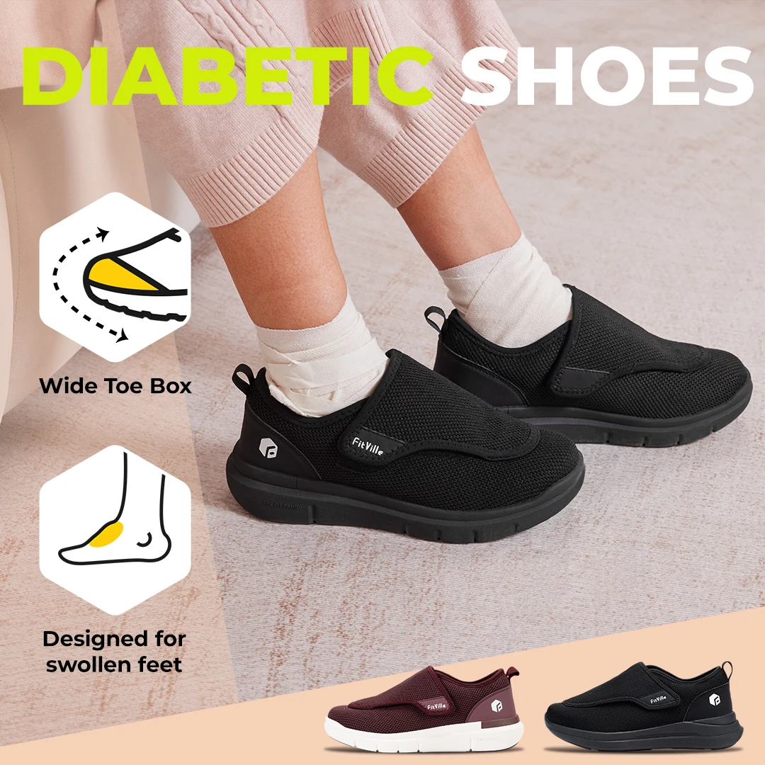 Fitville Sepatu Wanita lebar sepatu diabetes berjalan kasual bernapas untuk kaki bengkak orang tua pereda nyeri kaki neuropatik