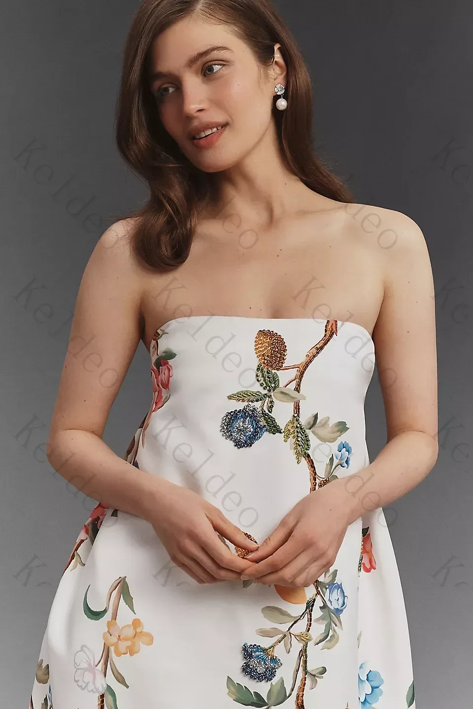 Customized Exquisite Strapless A‑Line Sleeveless  Wedding Dresses Fashion Colorful Floral Branch Print Floor‑Length Bridal Gowns