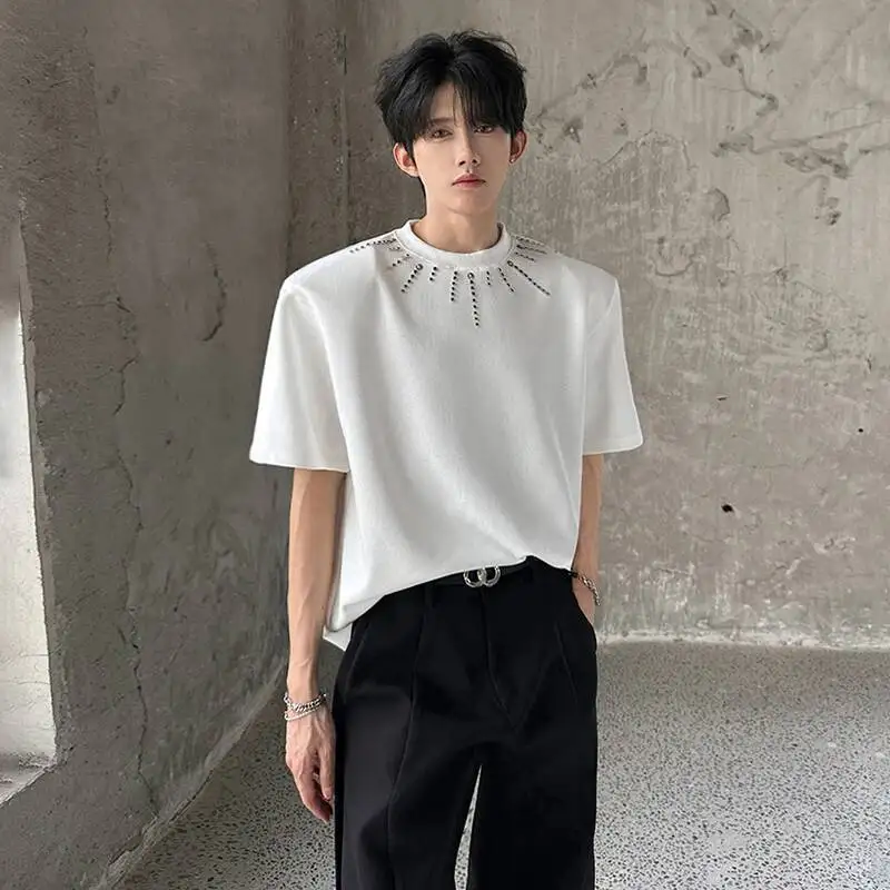 LUZHEN 2026 Summer New Sequin Decorate Patchwork Niche Shoulder Pad Design T-shirts Men's Handsome Short Sleeve Male Tops JY6595