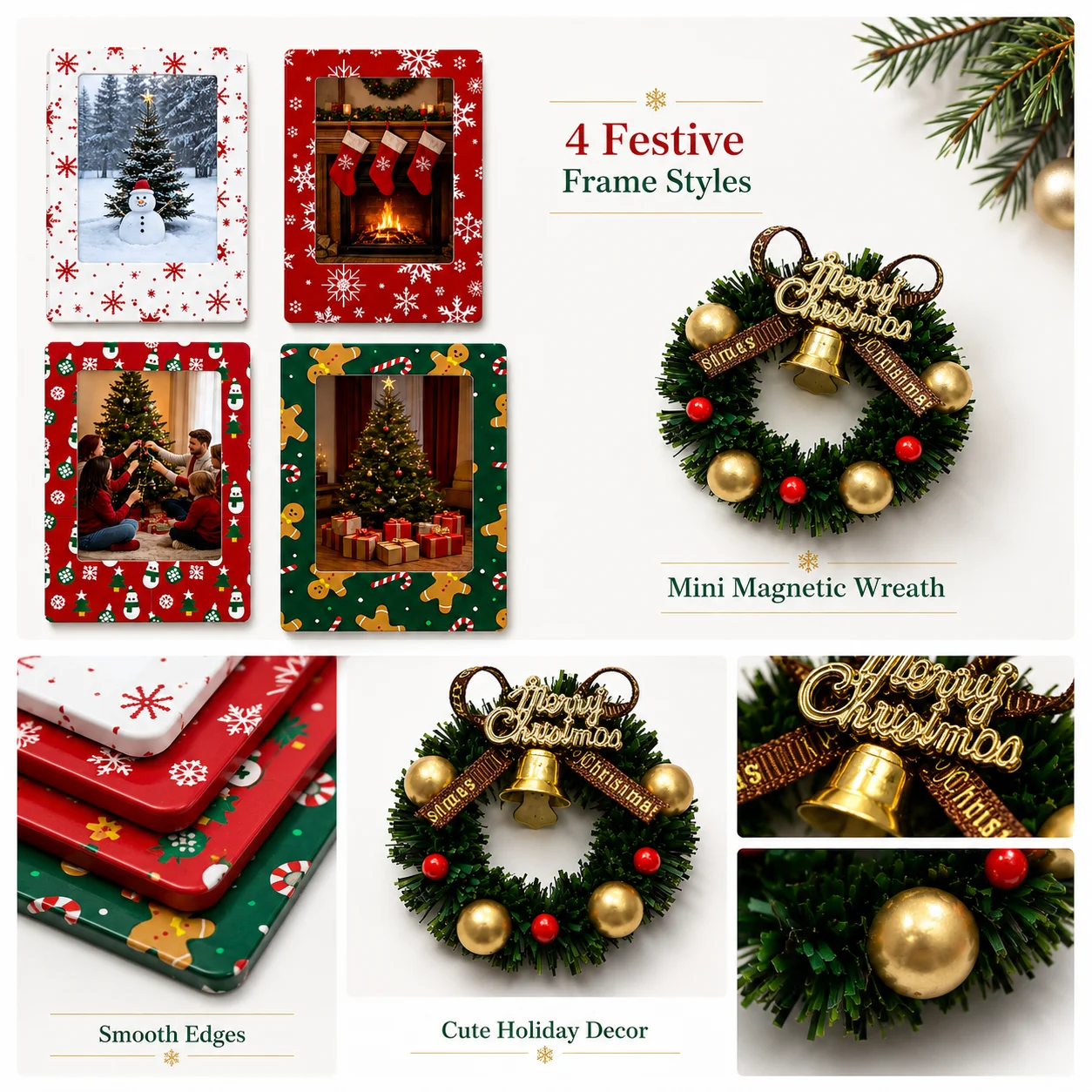 Christmas Magnetic Mini Photo Frame & Wreath, 86x54mm Photo Holder Holiday Fridge Magnet Decor, 4 Festive Designs