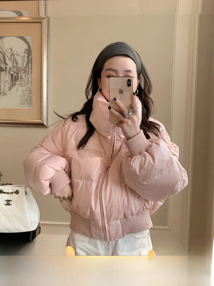 

Pink Stand Collar down Jacket Loose Fit Duck Feather White Bread Style Women's Fashion Winter Coat ELA SHUII Brand