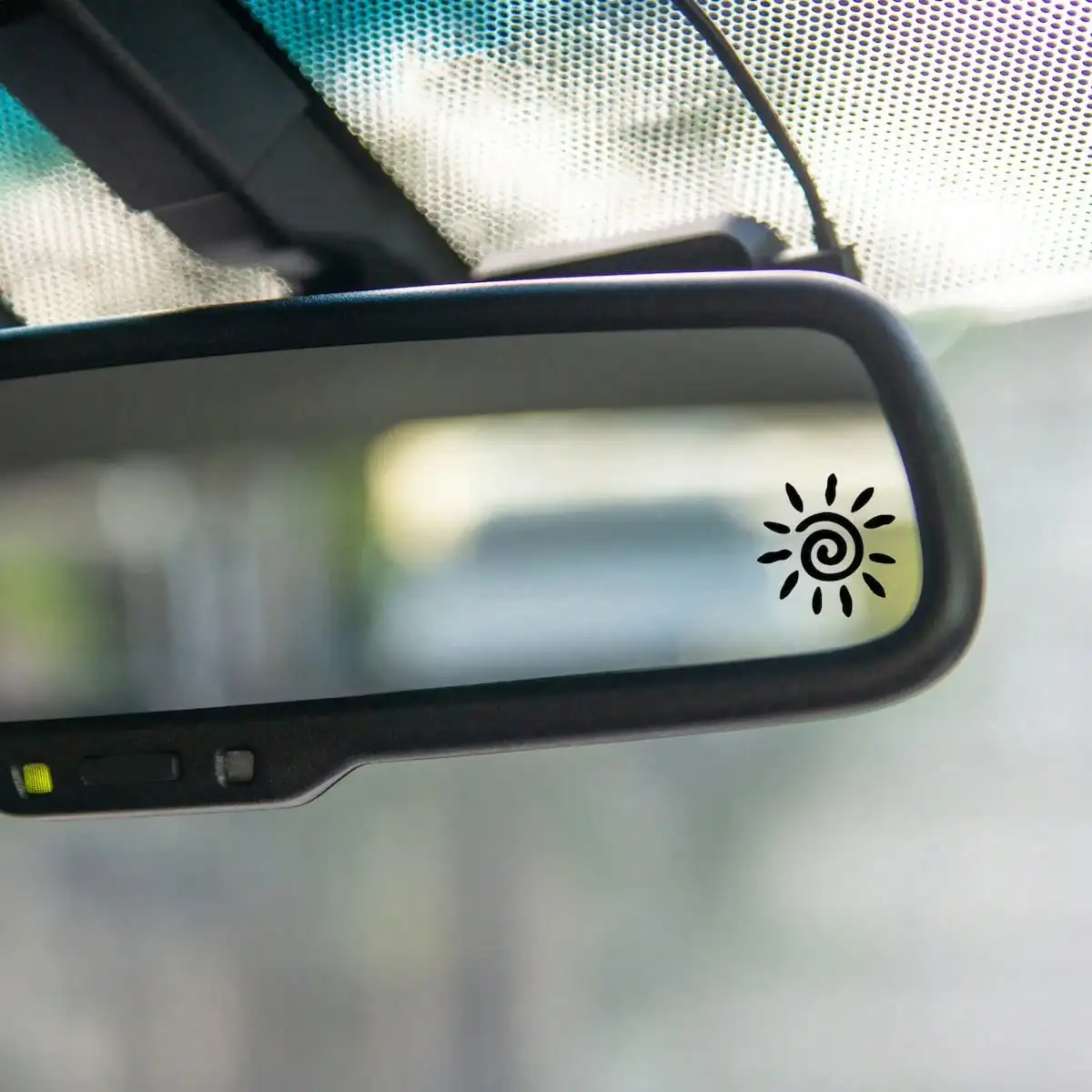 Spiral Sun Rearview Mirror Sticker, Black Minimalist Boho Sun Decal