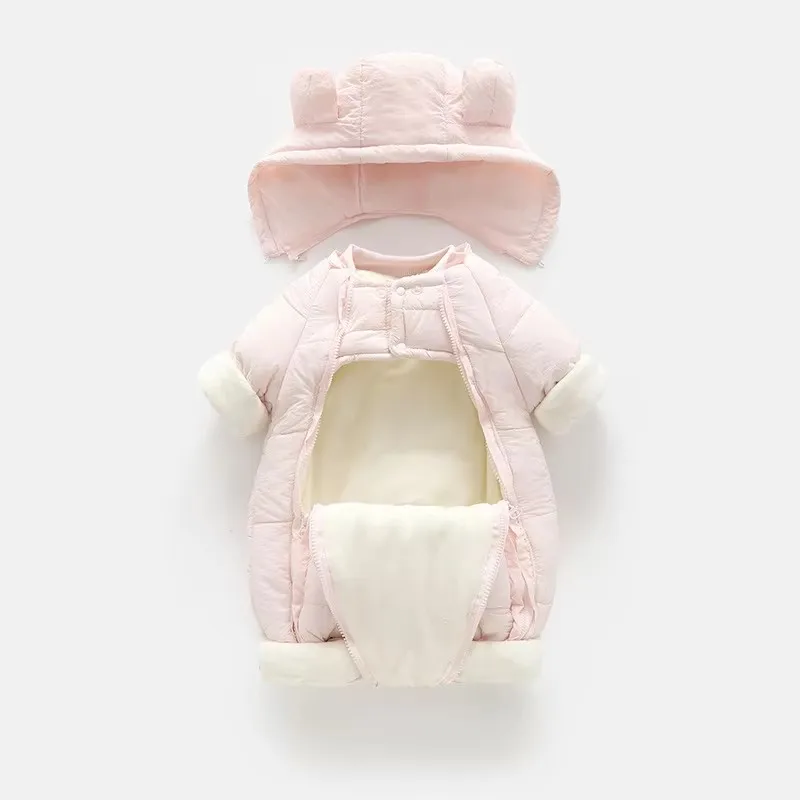 Neuer süßer Baby-Winteroverall mit Bärenohren und Kapuze, Kälteschutz-Skibekleidung, verdickte Baumwolle und Samt-Innenseite, Neugeborenen-Jumpsuit 0-2 Jahre – Detail 12