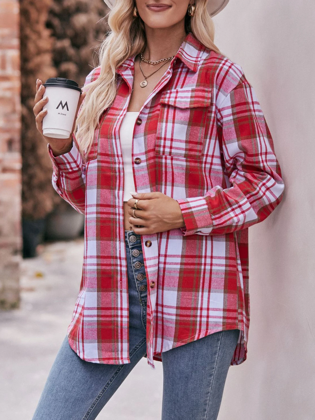 Damen Slim Fit Kariertes Hemd Einreiher Manschettenärmel Casual Basic Herbst Top