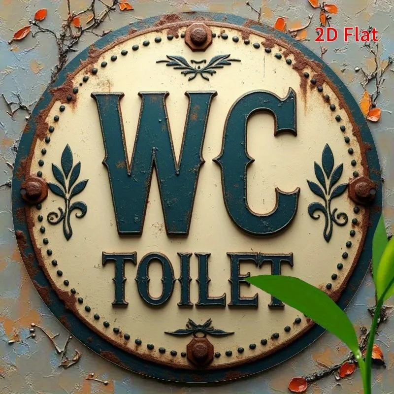 Das 2D-flache 1-teilige runde Toilettenschild aus Holz im Retro-Stil – „WC Toilet“ verfügt über eine einfache Design- und perfekte Raumdekoration