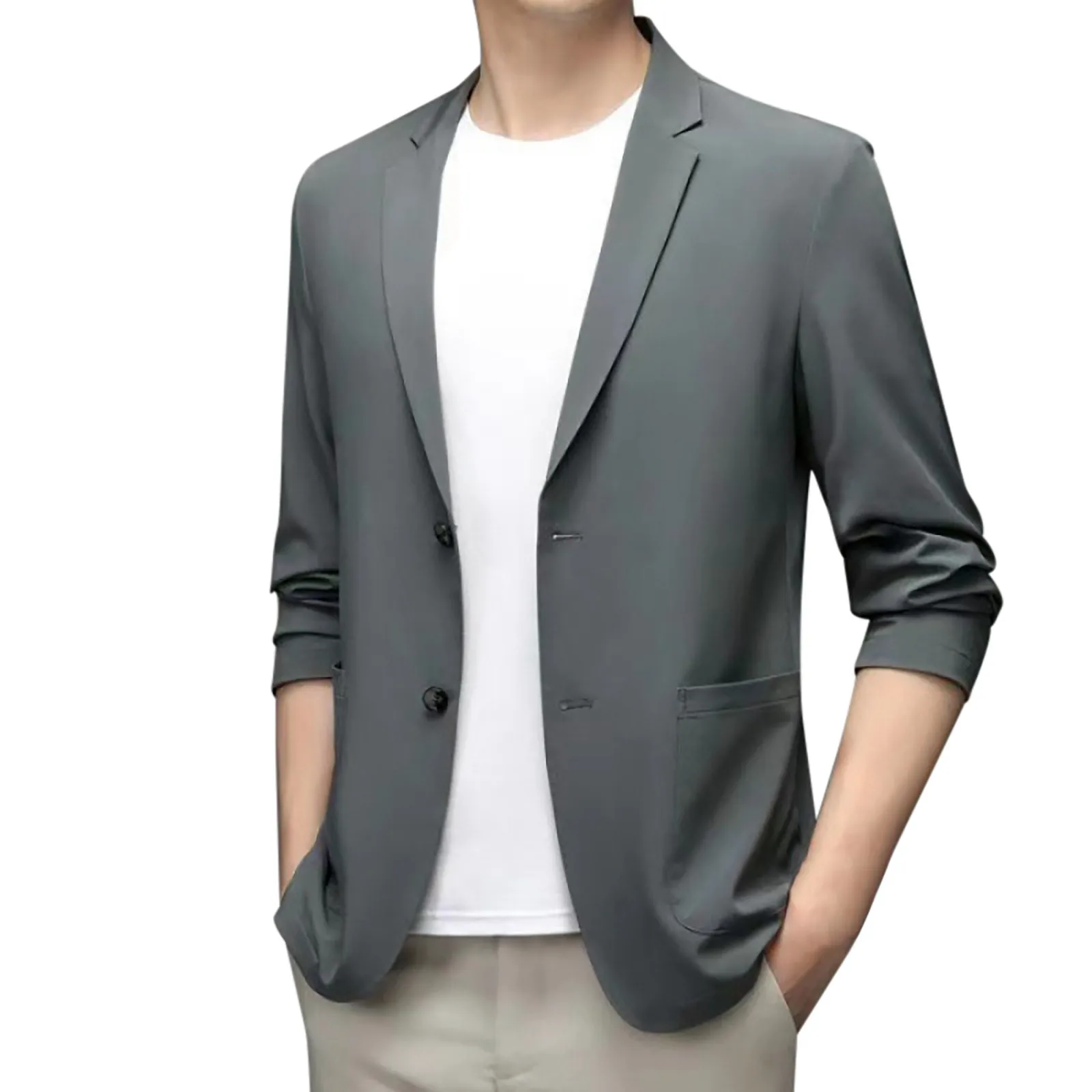 Blazer Handsome Men Suit Jacket Soft Ice Silk Thin Smooth Solid Color Turn-Down Collar Groom Coat Commuting Spring Formal Party