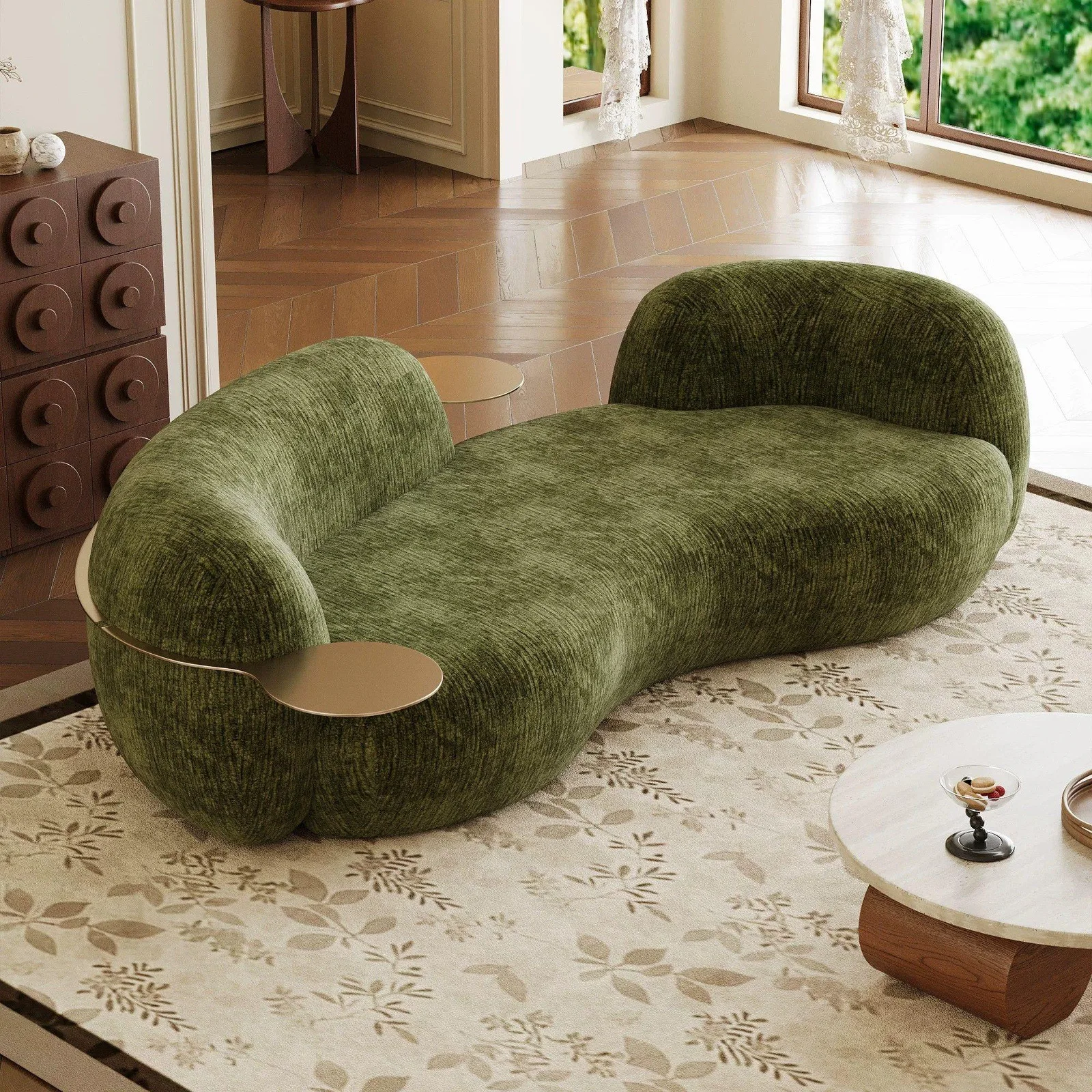 #Italian Designer Curved Sofa With Side Tray Minimalist Chenille Fabric Comfortable  Soft  Sofa for Living Room Hotel