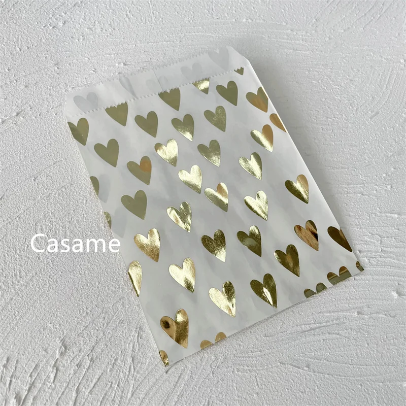 200pcs foiled gold hearts Treat Craft Paper Popcorn Bags Food Safe Party Favor Paper bags Best Gift candy sweet Bag