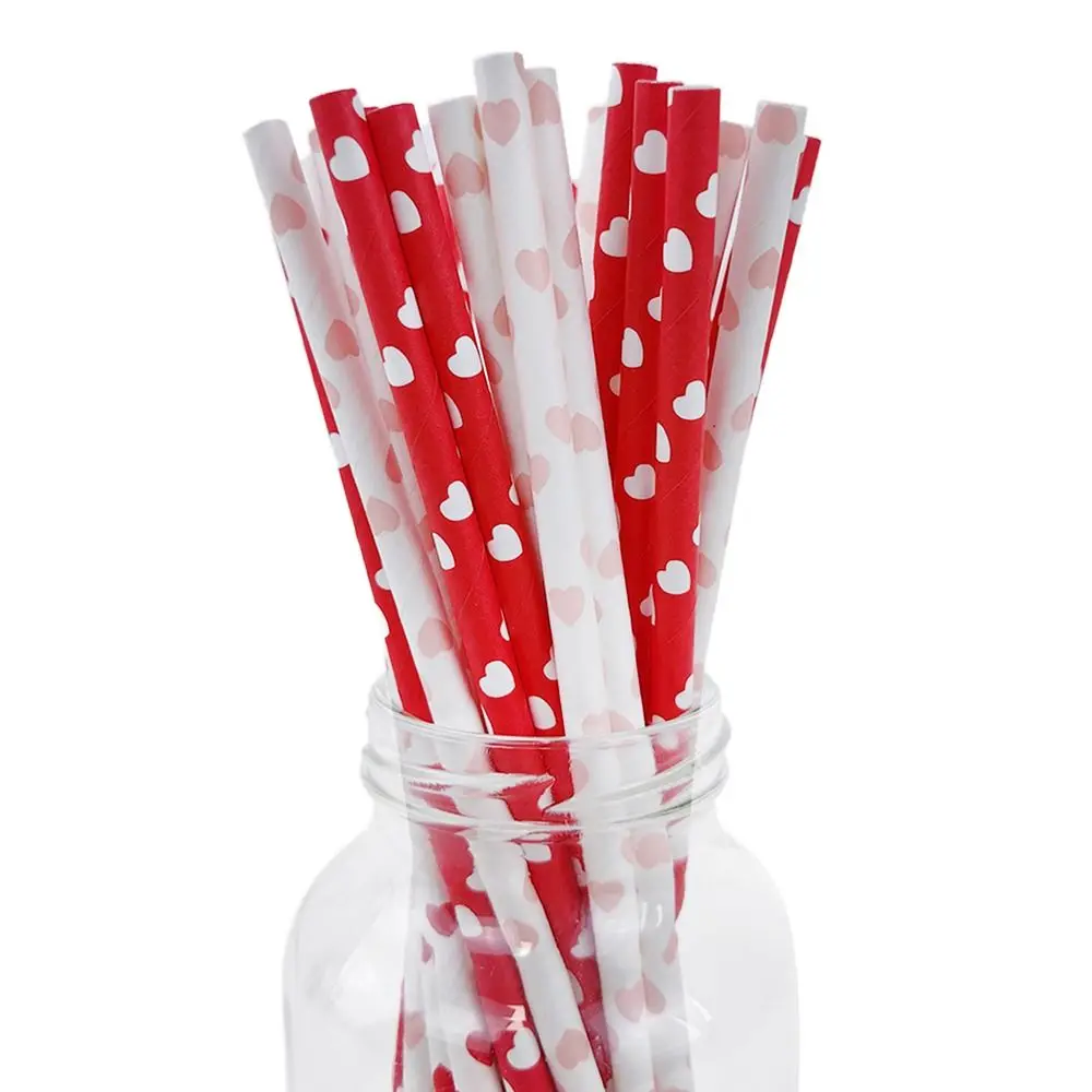 100pcs 3 Colors Disposable Paper Straw Multipurpose Heart Print Beverage Straw Environment Protection Paper Pipette Cafe