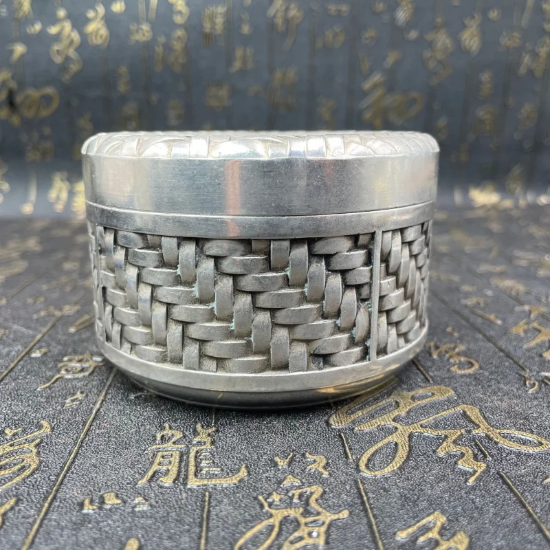 Antique Bronze Alloy Silver-Plated Copper Bamboo Weaving Canister Relief Tea Crafts Leaf Ornaments