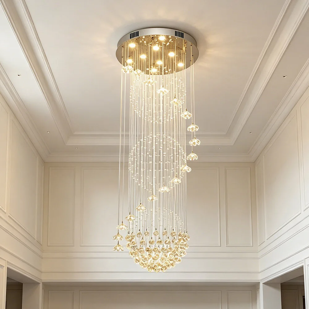 

Modern Long Crystal Chandelier LED Flower Pendant Lamp Duplex Villa Rotating Staircase Luxury Hanging Light for High Ceiling