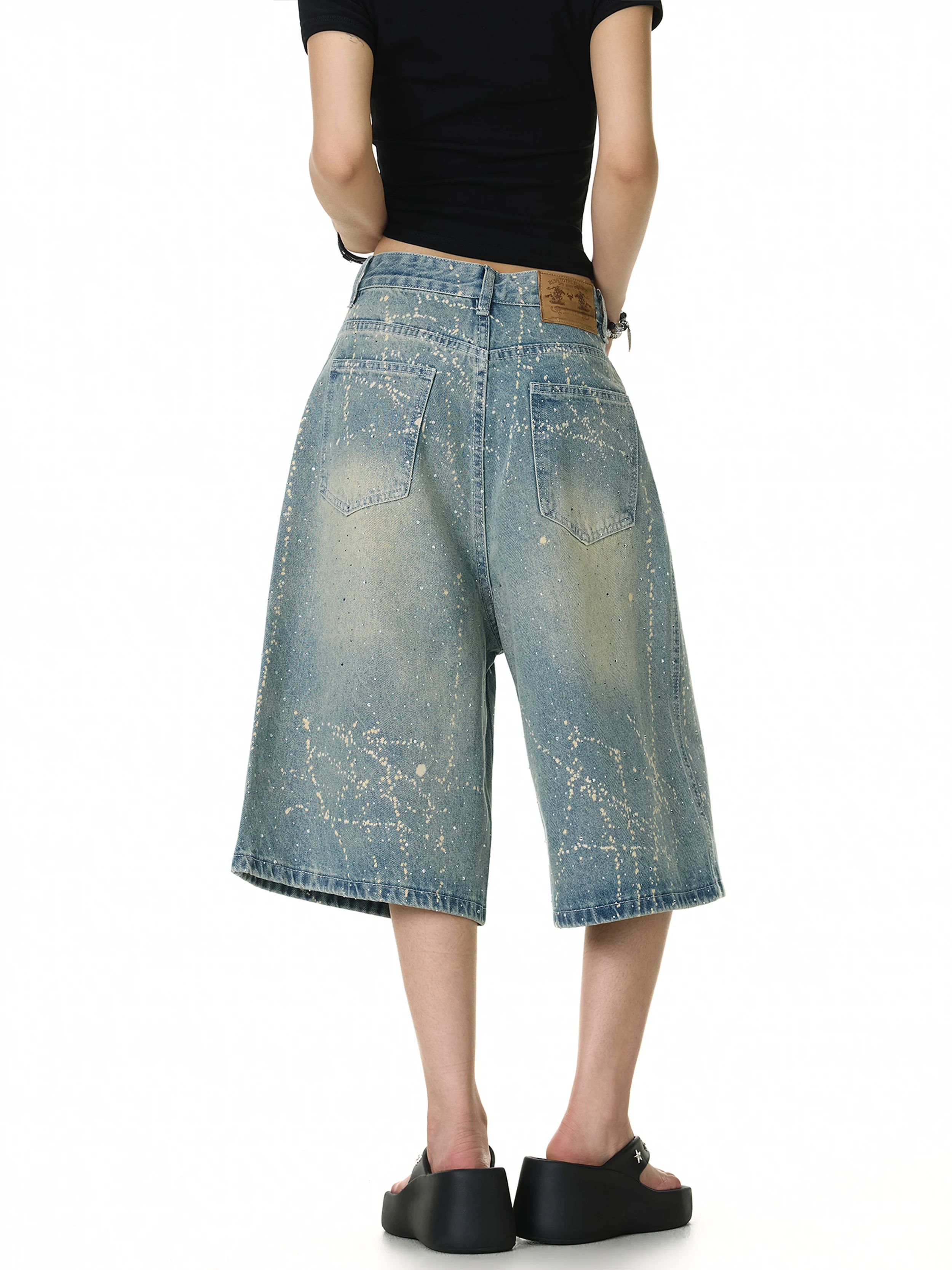 Retro American Washed Rhinestone Design Denim Seven-Foot Pants Unisex Street Loose Casual Wide-Leg Shorts Casual Cotton Jeans
