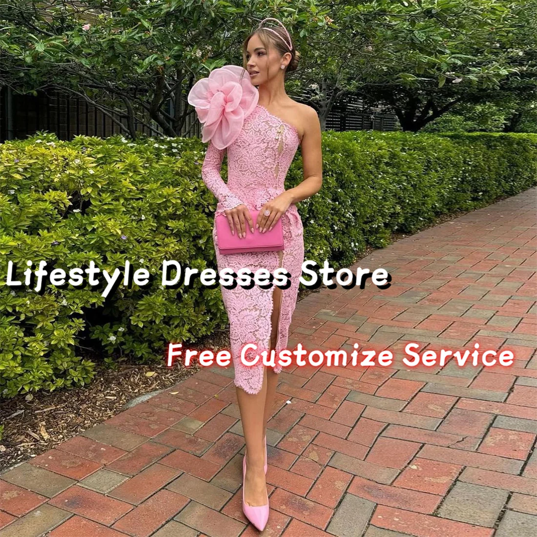 

One-Shoulder Lace Pink Prom Dresses Long Sleeve Flower Vintage Evening Dresses Side Slit Formal Wedding vestidos de festa