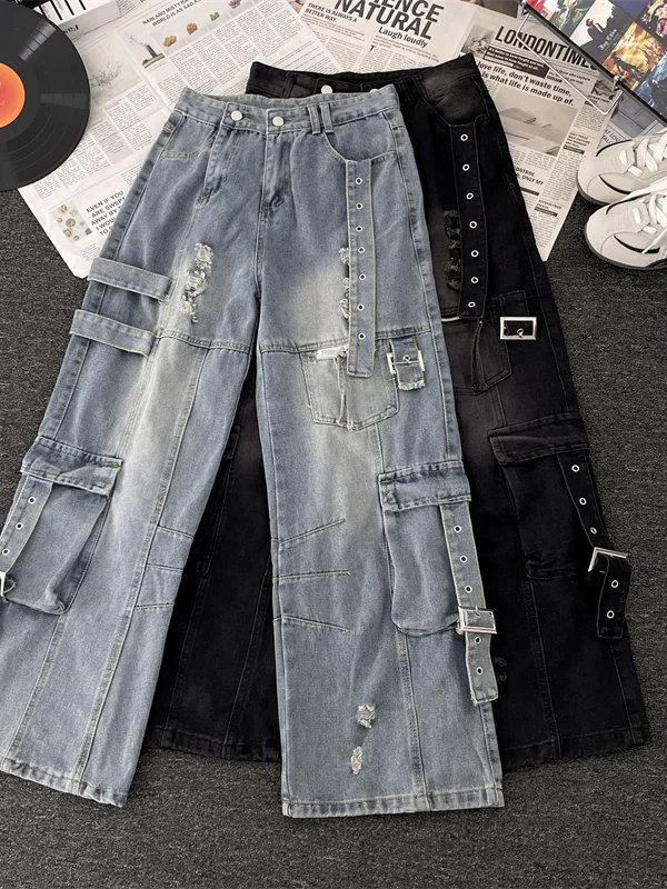 

Мужские и женские джинсы в американском стиле, рабочая одежда с несколькими карманами, прямые свободные брюки с широкими штанинами, осенний тренд