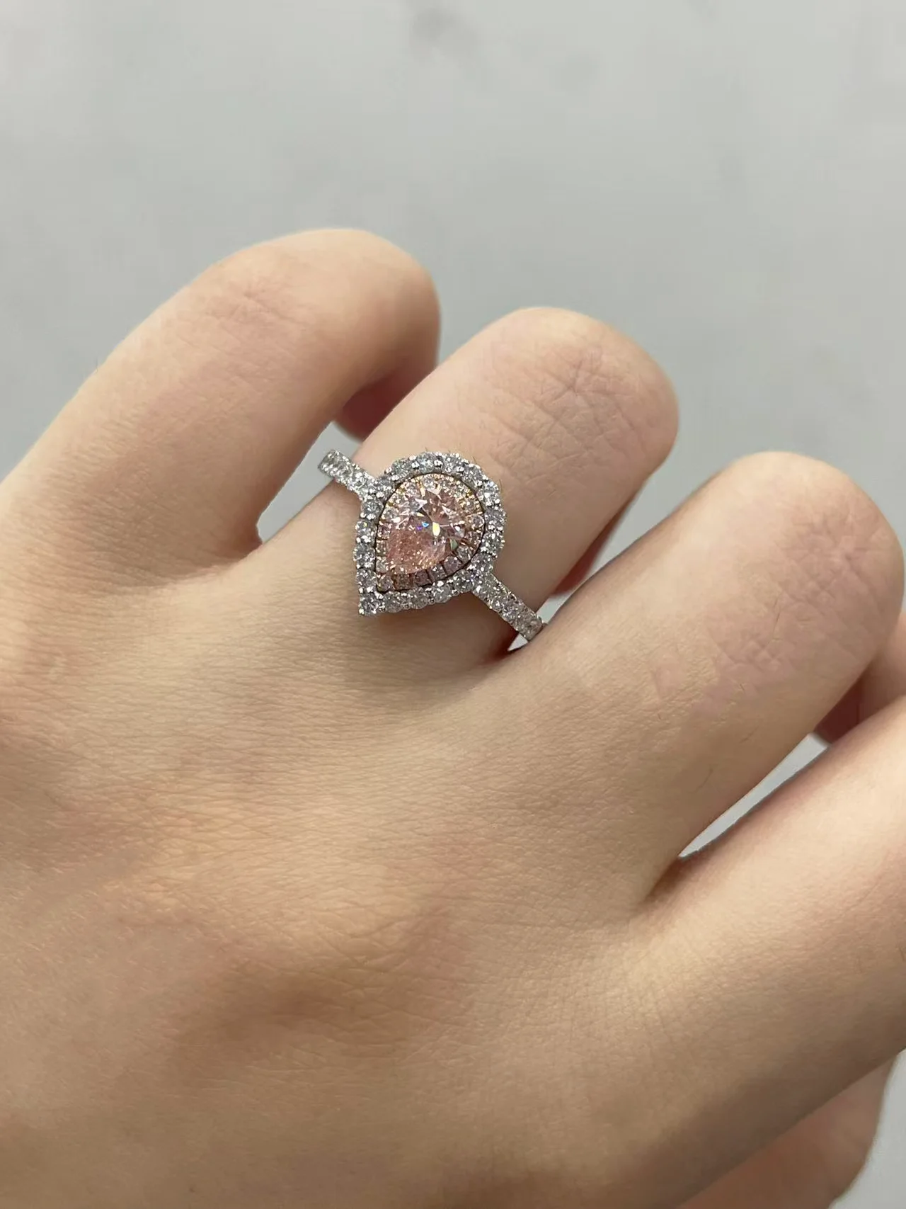 0.5ct Fany Pink Pear Cut HPHT & 0.66ctw Side Stone Lab Grown Diamond Real Women Ring NGIC Certificate 10K Gold  ﻿