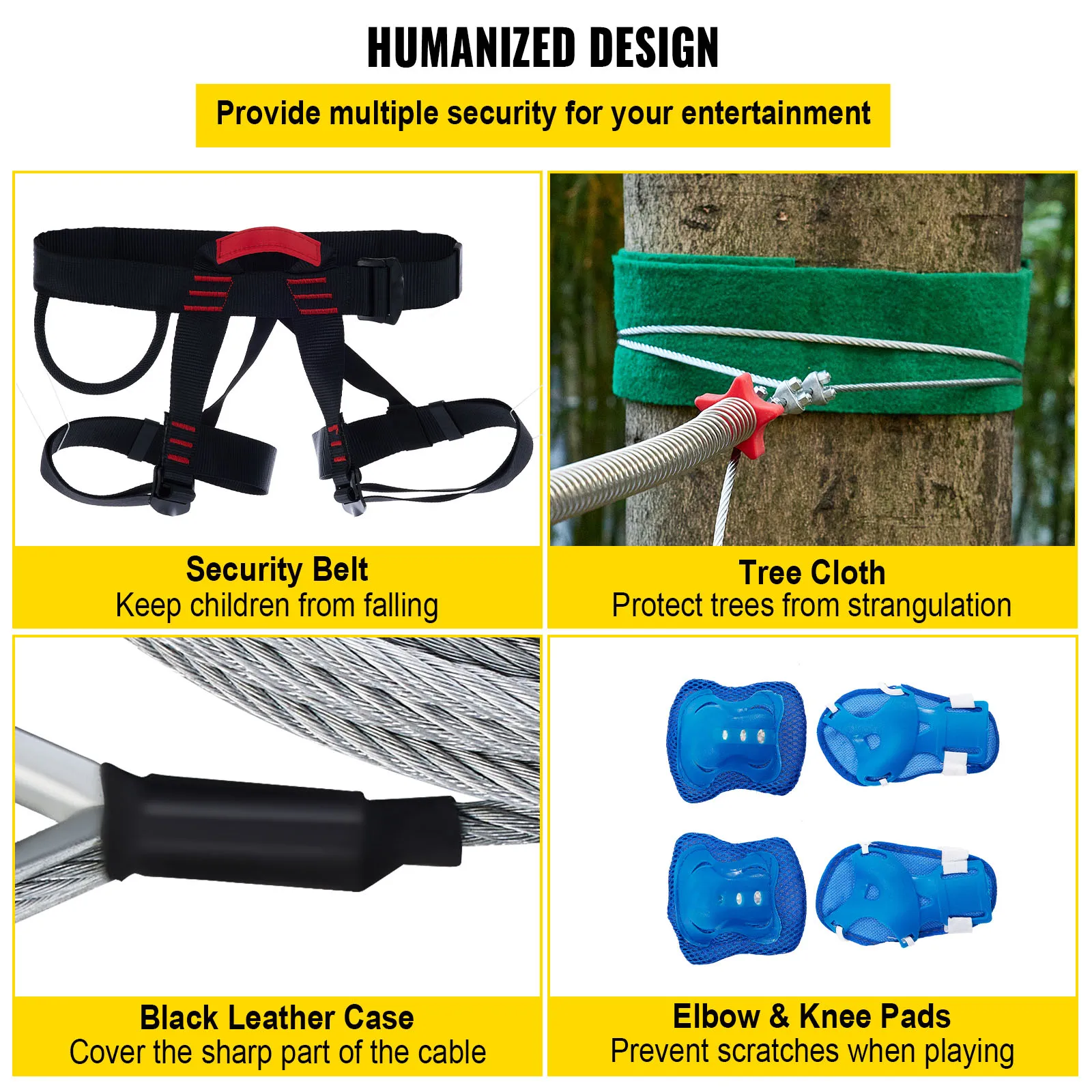 VEVOR 100FT Khóa Kéo Dòng Bộ Dụng Cụ Dùng Cho Sân Sau Đường Zip Dành Cho Trẻ Em Và Người Lớn, kèm Ghế Ngồi Xích Đu Đường Zip Phanh Và Thép Xe Đẩy
