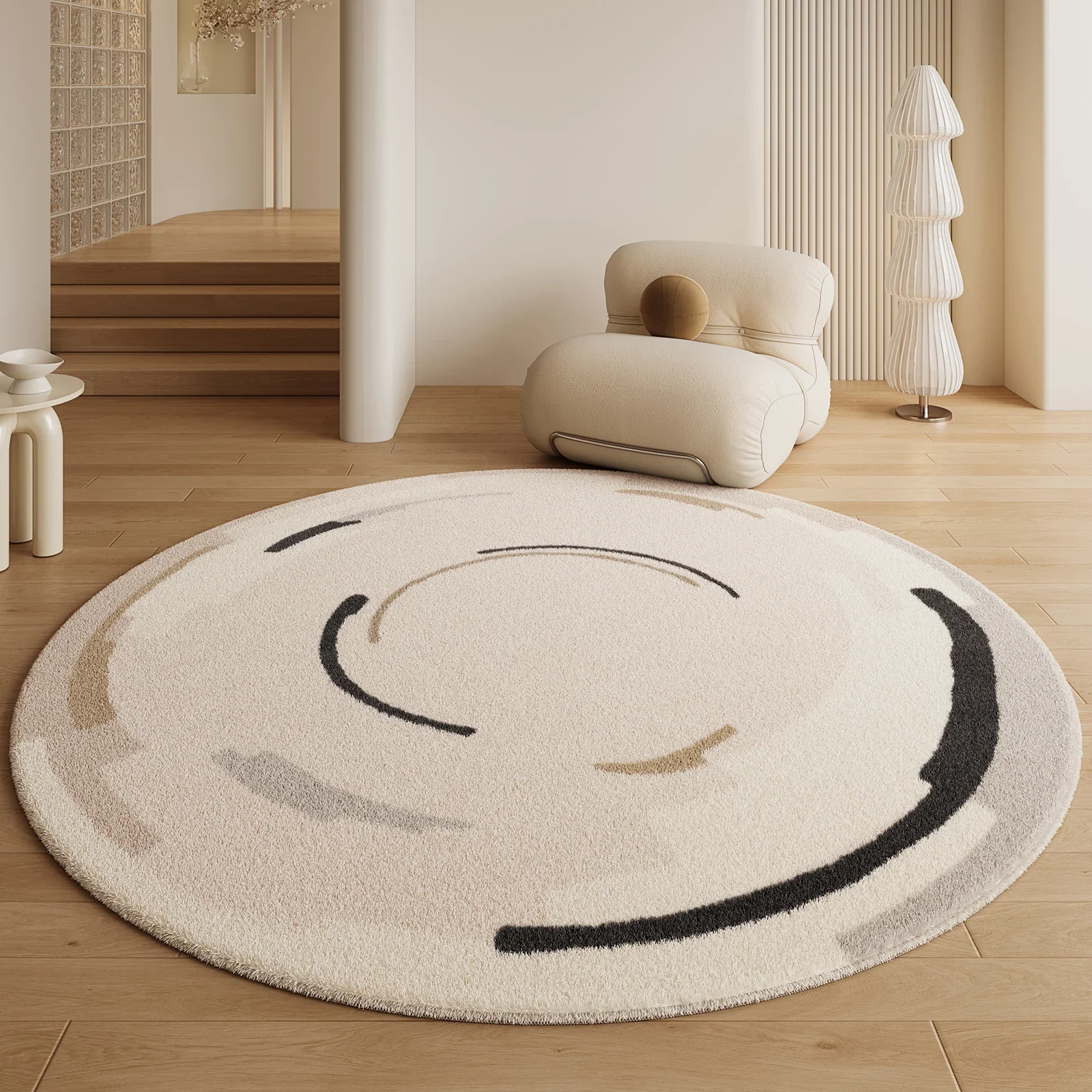 VIKAMA Round Cream Style Carpet Living Room Bedroom Carpet Short Pile No Care Indoor Bedside Rug Easy Care Home Decor Rug
