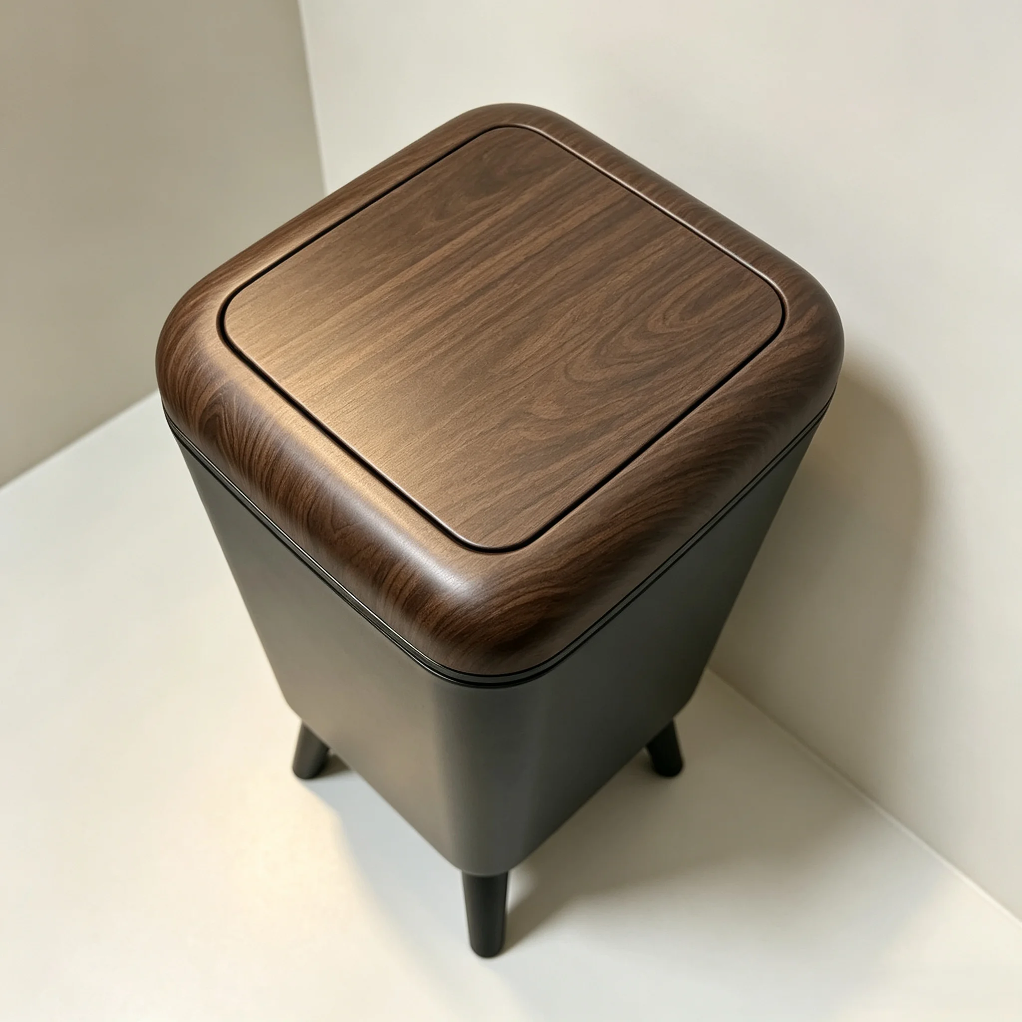 Elevated Square Press Open Trash Bin, Stylish Wood Grain Top Waste Can for Modern Home Bathroom & Bedroom