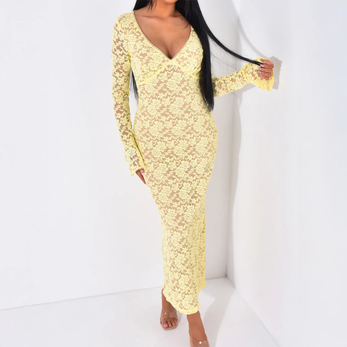 2025 vestido de mujer elegante moda hermosos vestidos de mujer vestidos de noche de fiesta nuevo Y2K Sexy encaje recortado vestido Maxi de manga larga