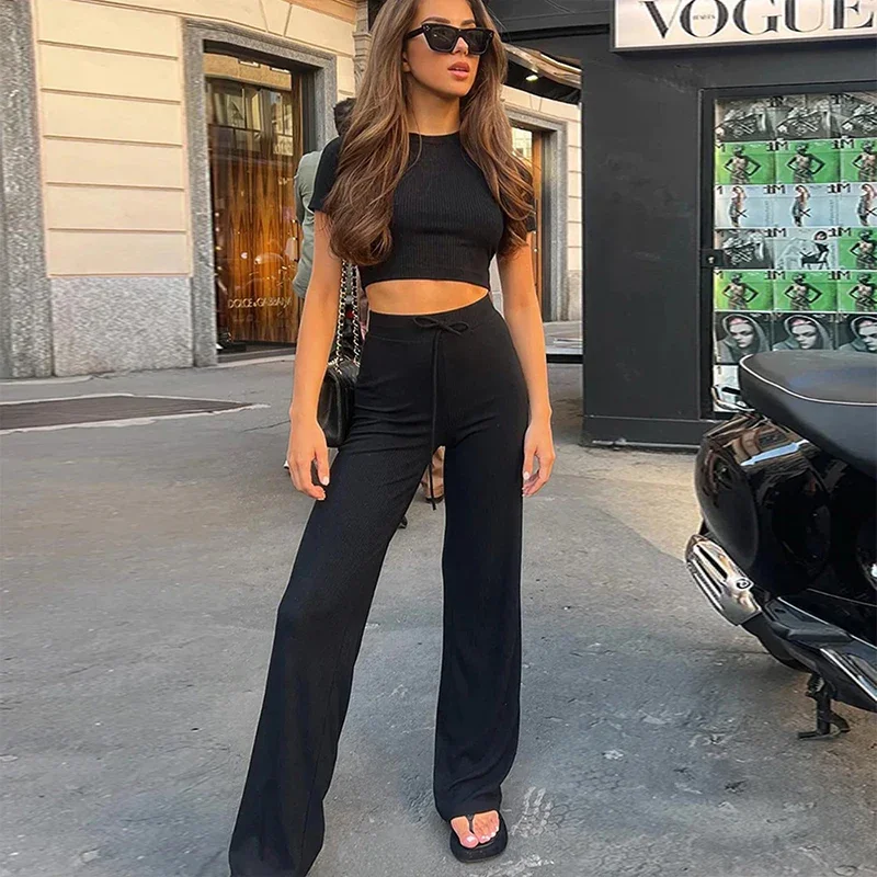 2024New fashion women's solid color casual suit Slim navel exposed short sleeve T-shirt Frenum pants Lady elegance two piece set