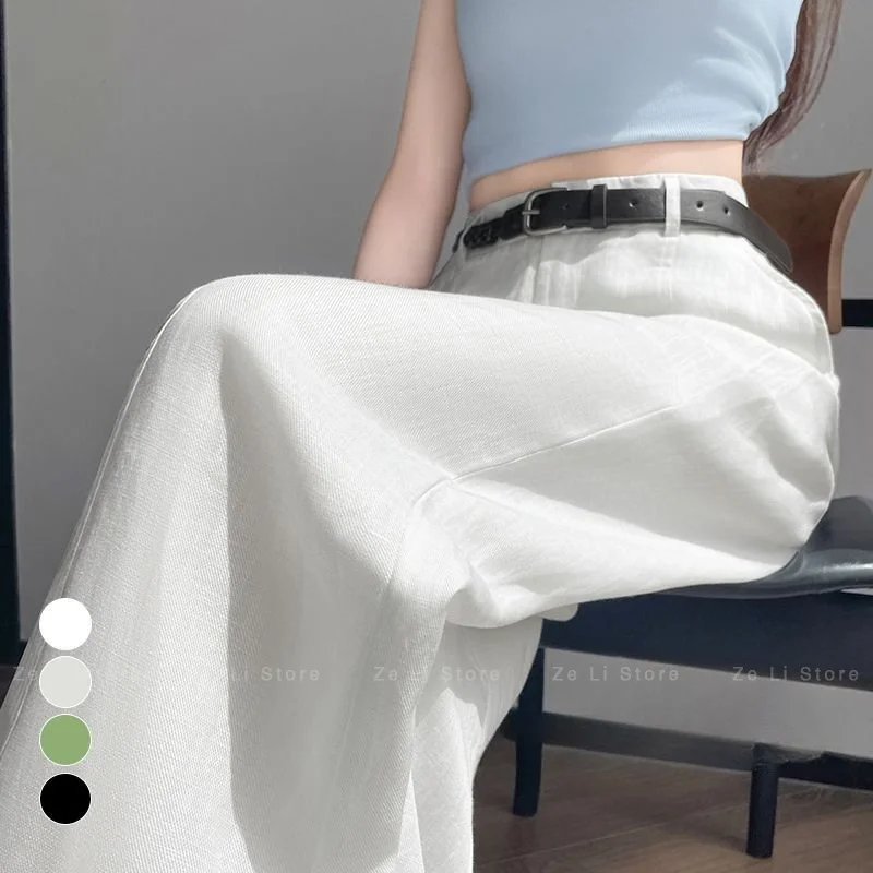 Women's Casual Wide Leg Pants Sun Protection Loose Fit High Waist Thin Summer Linen Blend Casual Pants Floor Length