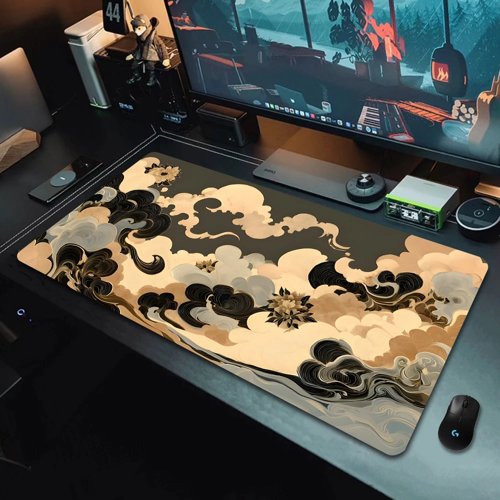 Golden Wave Flower Mouse Pads, Large Mouse Pad with Stitched Edge, Precision Stitching, Durable Rubber Base, Desk Mouse Pad