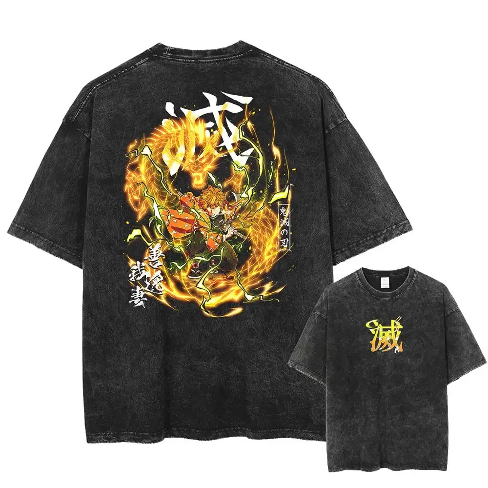 Japan Anime Demon Slayer Agatsuma Zenitsu Print T Shirt Men Washed Cotton T-shirts Manga Casual Tee Harajuku Male Vintage Tshirt