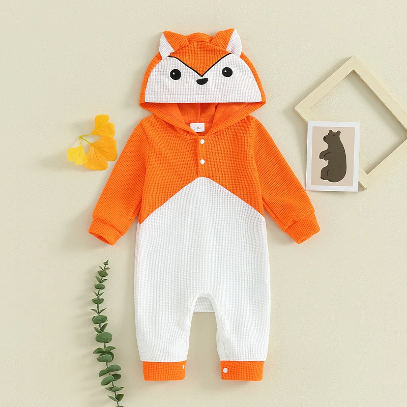 

Fox Costume Baby Hoodie Jumpsuit Newborn Girl Hooded Romper Waffle Knit Infant Boy Long Sleeve Bodysuit 0-18M