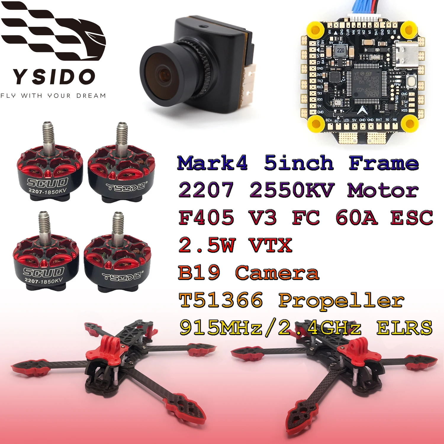 

Mark4 5in/225mm Carbon Fiber Frame F405 V3 FC 60A ESC 2207 Motor 2.5W VTX Propeller Camera for RC FPV Drone Quadcopter DIY Parts