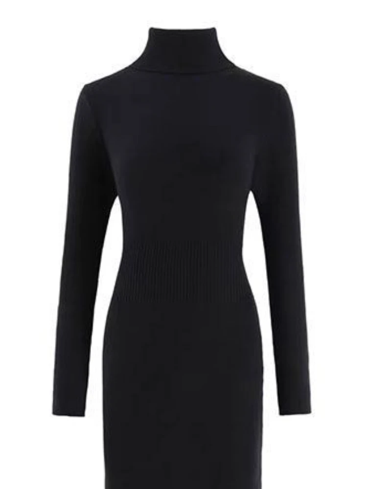 Turtleneck Black Dresses Women Solid Skinny Ladies Clothing Autumn Ankle-length Bodycon Long Sleeve Sexy Warm Fashion Trumpet