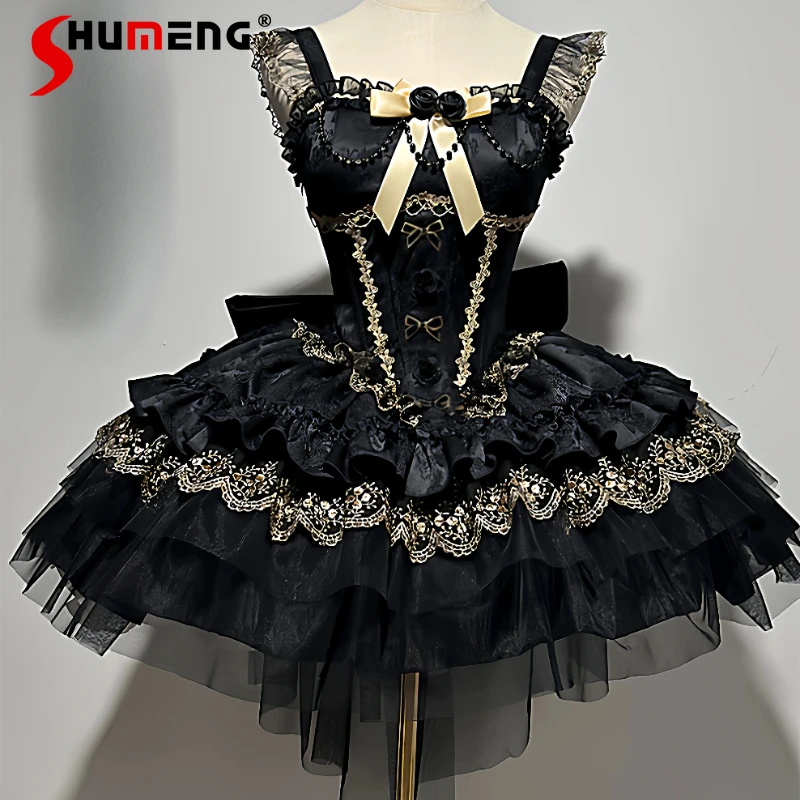 

japanese Halloween Gothic Dark Black Cake Dress Ultra Short Ballet Style Lolita Dresses Slim Fit High-waisted Vestidos Clothes