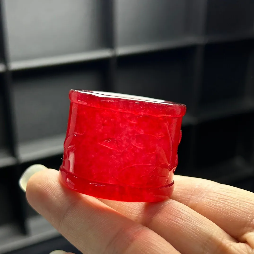 Certified Natural Ice Red Burmese Jade Jadeite Carved Amulet archery thumb Rings view 6