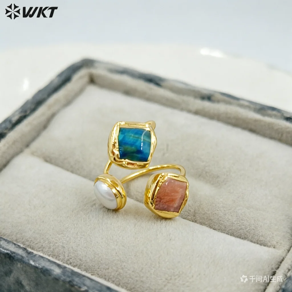 

WT-R573 Великолепное кольцо в винтажном стиле с двойными натуральными камнями и жемчугом, покрытое 18-каратным золотом, регулируемое, для женщин, в качестве подарка на вечеринку.