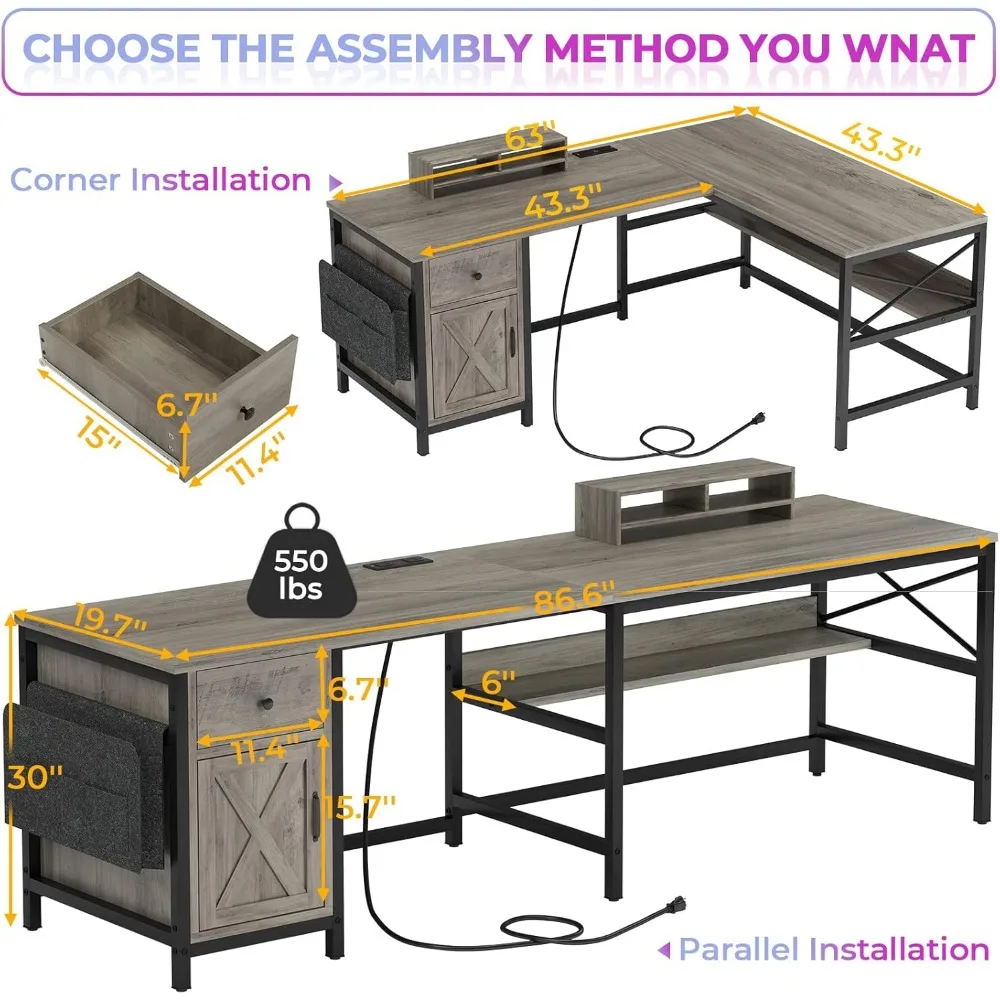 63" L Shaped Desk, Convertible 86.6" Home Office Desk or Corner Desk, Office Computer Desk with Drawer, Power Strip