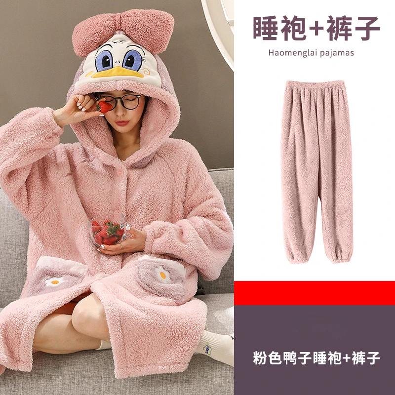 Disney cartoon Donald Duck coral fleece nightgown women's autumn and winter new cute long pajamas home two-piece set