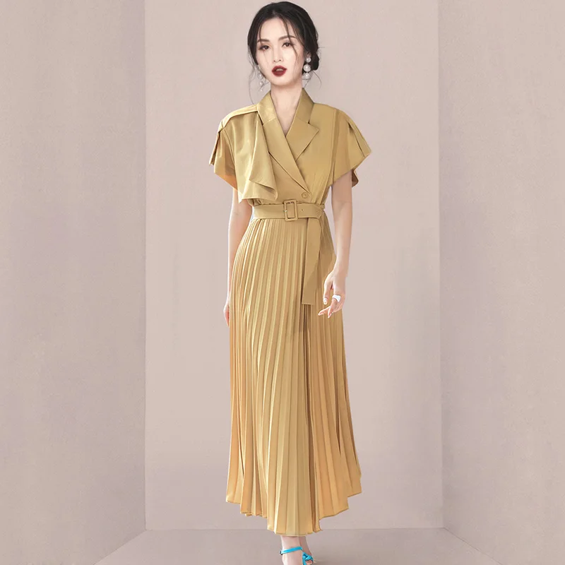 WTIANYUW Work Wear Notched Collar Women Pleated Dress 2022 Elegant Dress Female Slim Waist Belted A Line Vestidos Femme