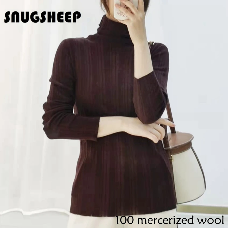 100 worsted mercerized wool strip pullover turtleneck sweater for women fashion clothing ladies brown top black sweaters elegant