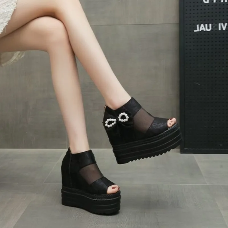 Women Elevator Sandals Peep Toe High Platform Wedge Summer 2026 New Mesh Slingback Height Increasing Shoes