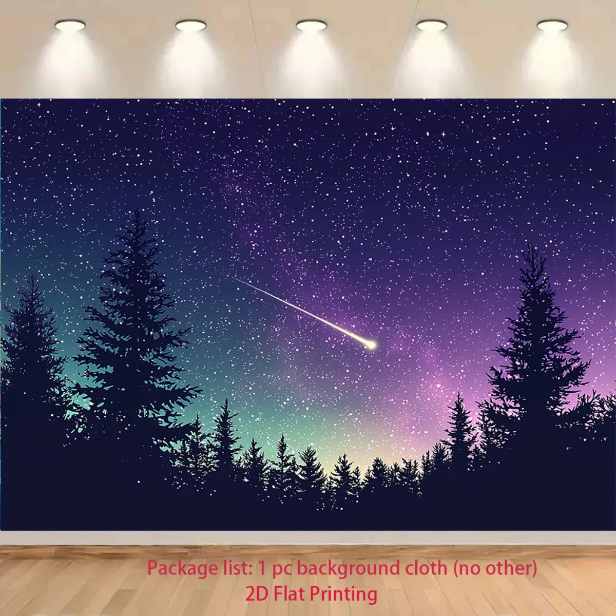 Starry Night Sky Forest Silhouette Tapestry Meteor Shower Celestial Scene 2D Flat Print Backdrop for Dreamy Bedroom Ambiance